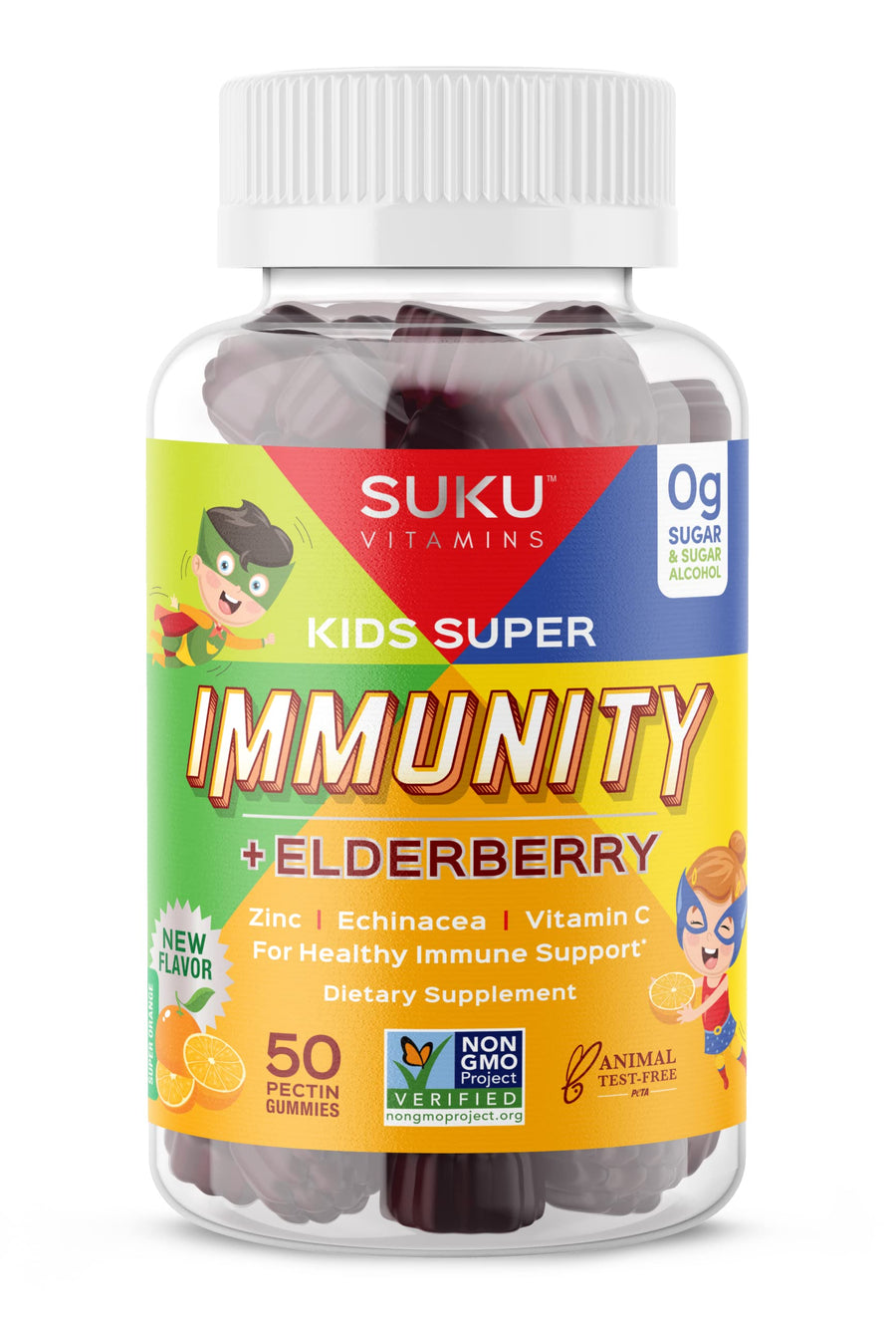 Vitamins - Kids Super Immunity - Elderberry, Echinacea, Vitamin A and Zinc Gummies for Immune Support - Easy to Chew - Non GMO, Gluten Sugar Free - Pomegranate Lime Gummy Vitamins, 50 Count
