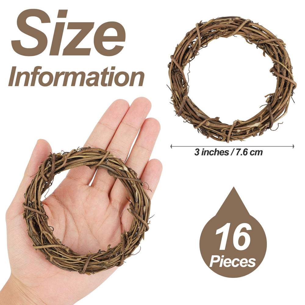 16 Pieces 3 Inch Grapevine Wreaths Vine Branch Wreath Christmas Rattan Wreath Garland Decoration for Christmas Holiday Craft or Wedding Supplies
