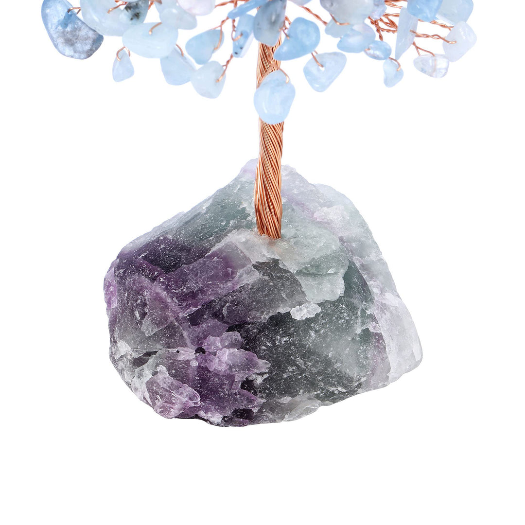 Natural Aquamarine Crystal Tree, Raw Healing Crystals Fluorite Base Bonsai Money Tree for Home Office Table Decor Wealth and Luck