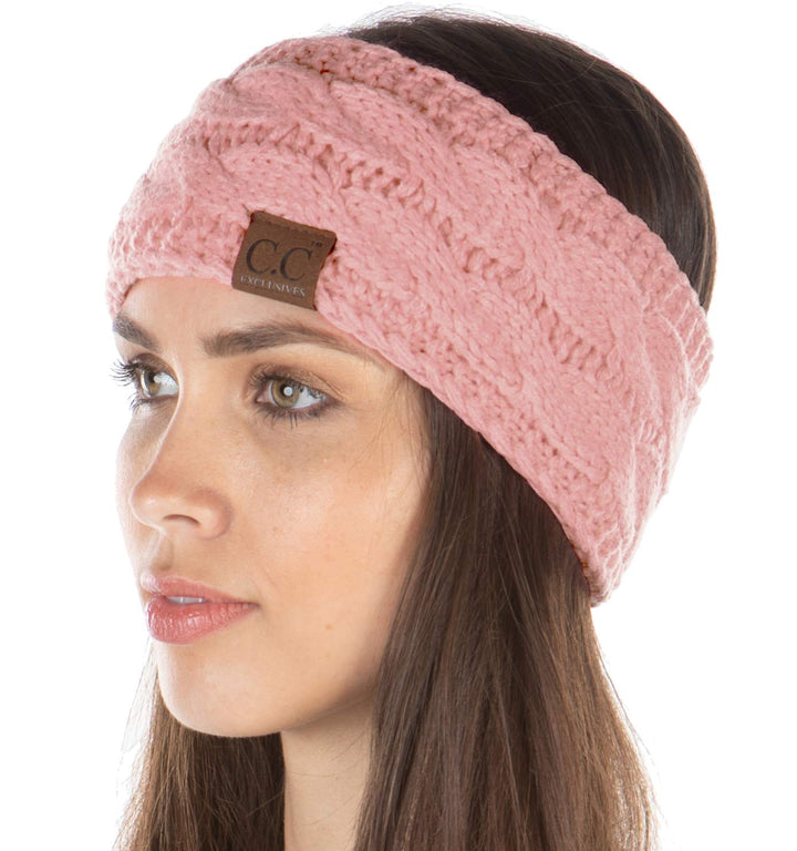 Women&#39;s White Knit Headband Ear Warmer, Fleece Lined Cable Knit Stretch Winter Headwrap - Indi Pink