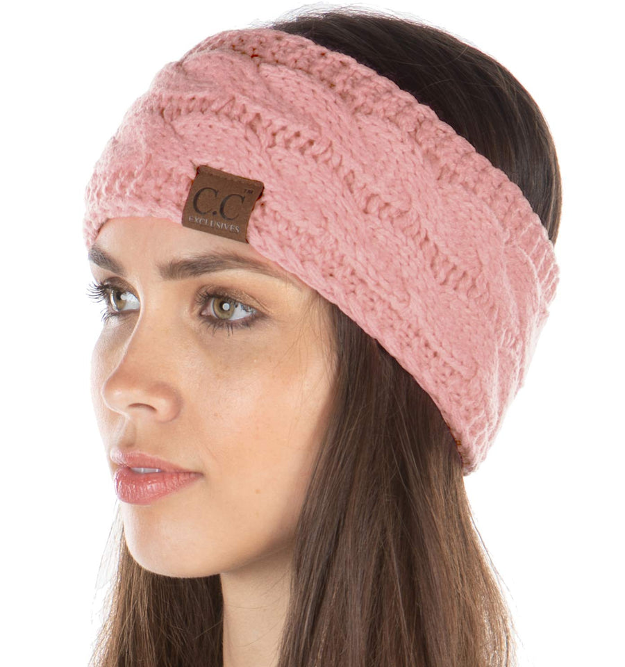 Women's White Knit Headband Ear Warmer, Fleece Lined Cable Knit Stretch Winter Headwrap - Indi Pink