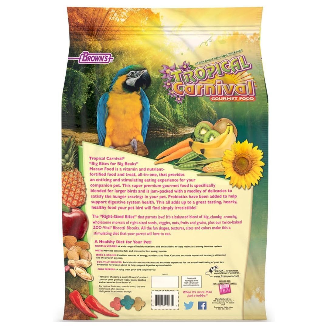 F.M. Brown's Tropical Carnival, Gourmet Macaw Food Big Bites for Big Beaks - Seeds, Veggies, Fruits, and Nuts with Probiotics - 14 lb
