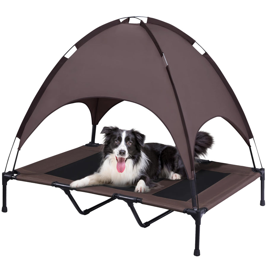XLarge Outdoor Dog Bed, Elevated Pet Cot with Canopy, Durable Oxford Fabric, Extra Carrying Bag, for Camping or Beach - Brown