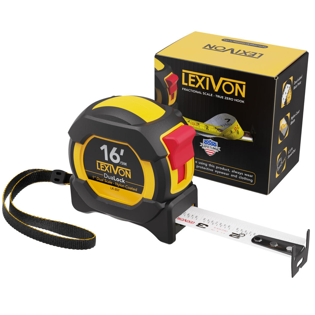 16Ft/5m DuaLock Tape Measure | 1-Inch Wide Blade with Nylon Coating, Matt Finish White &amp; Yellow Dual Sided Rule Print | Ft/Inch/Fractions/Metric (LX-207)