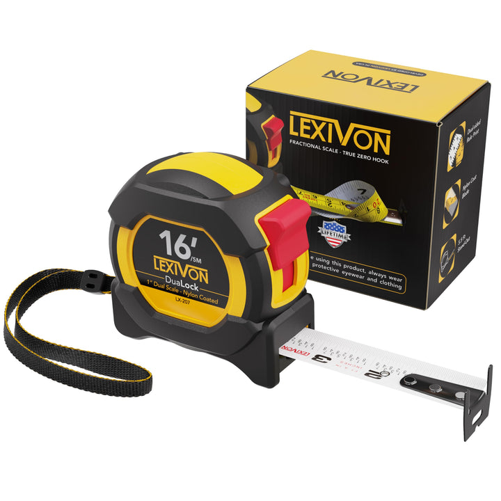 16Ft/5m DuaLock Tape Measure | 1-Inch Wide Blade with Nylon Coating, Matt Finish White &amp; Yellow Dual Sided Rule Print | Ft/Inch/Fractions/Metric (LX-207)