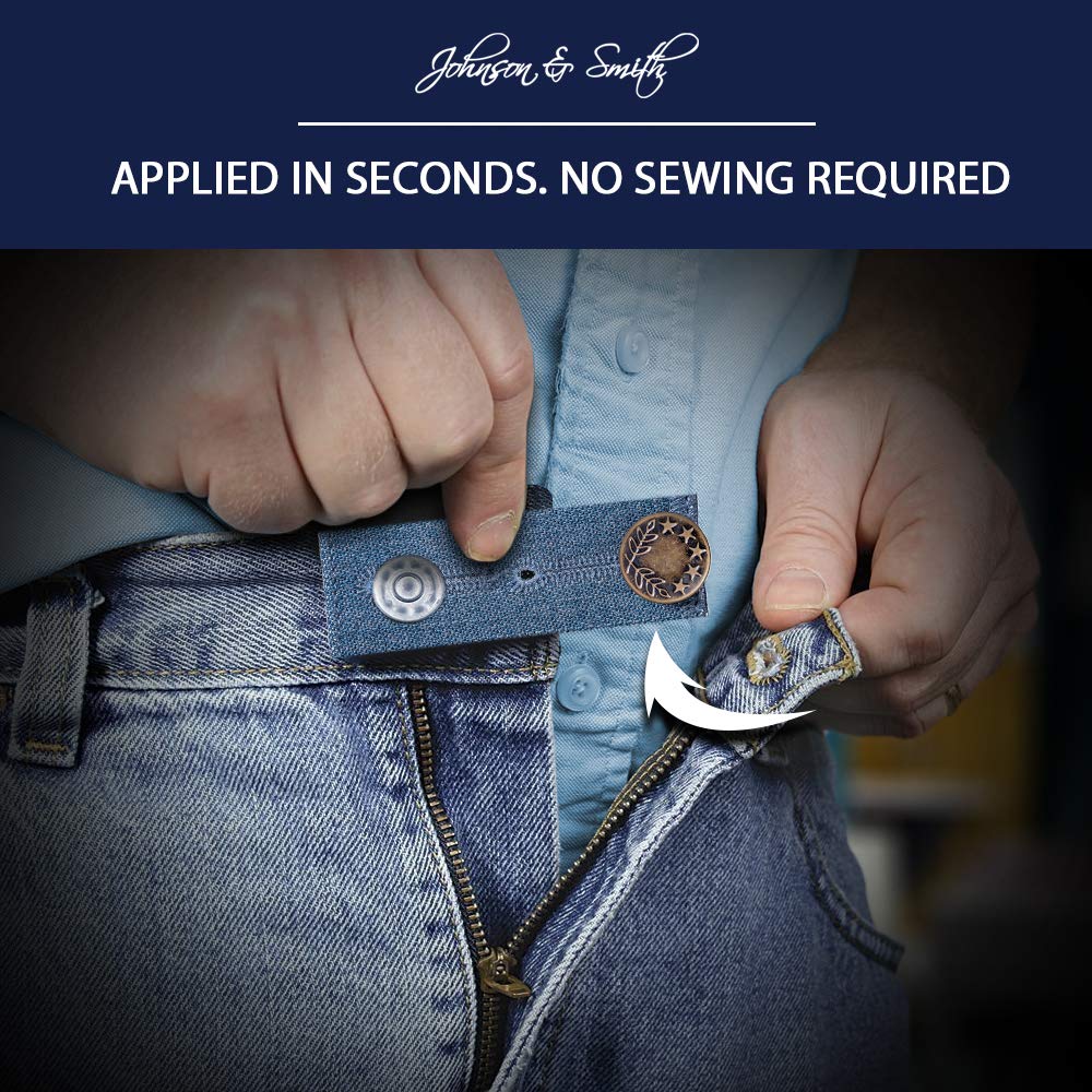 Waistband Extenders by Johnson &amp; Smith | Button Extender for Pants | Denim Material | Pack of 5 Shades | Premium Metal Buttons | 2 Button Holes | Button Extender for Jeans