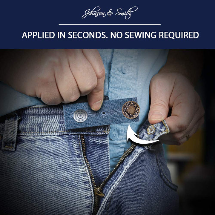 Waistband Extenders by Johnson &amp; Smith | Button Extender for Pants | Denim Material | Pack of 5 Shades | Premium Metal Buttons | 2 Button Holes | Button Extender for Jeans