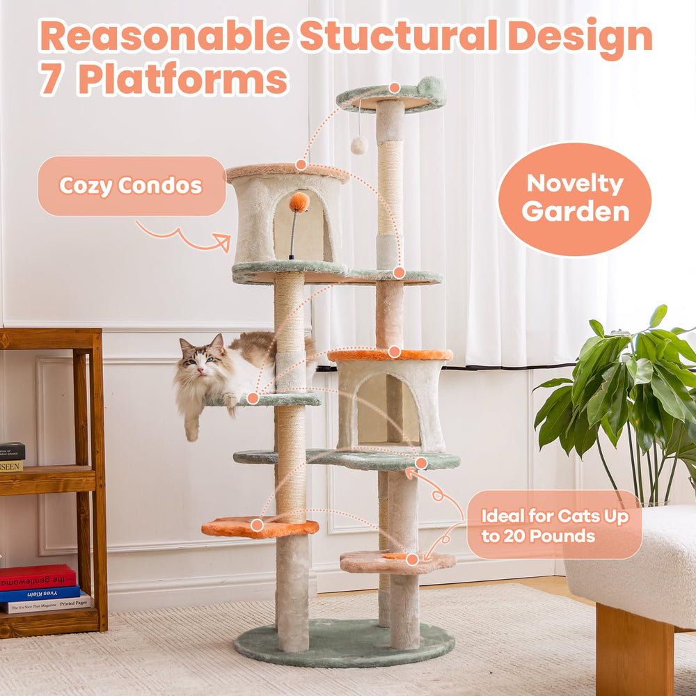 HYABi 63-inch Flower Cat Tree Tower Features a Floral Design and Fresh Colors, Multi-Level with condo, Scratching Posts, and Toy Balls, Perfect for Large Adult Cats. Durable and Safe for Indoor Play