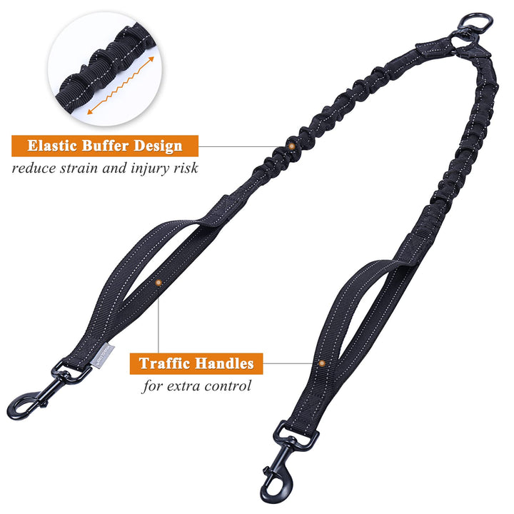 Double Dog Leash, Two Dog Leash No Pull &amp; Tangle Free Bungee Dog Leash, Dual Dog Leash with Traffic Handles Reflective for Medium to Large Dogs for Daily Walking &amp; Training