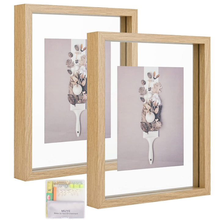 8x10 Floating Frame Set of 2,Double Glass Rustic Photo Frame for Wall Hanging or Tabletop Standing,Display Any Size Photo up to 8x10,Natural