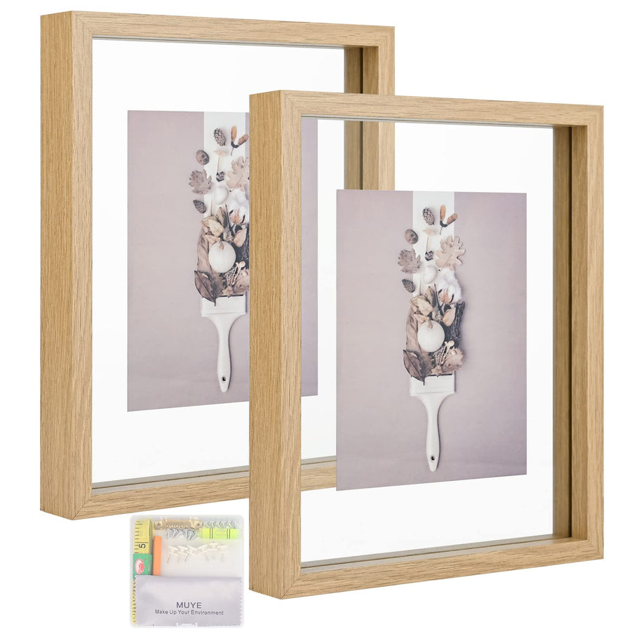 8x10 Floating Frame Set of 2,Double Glass Rustic Photo Frame for Wall Hanging or Tabletop Standing,Display Any Size Photo up to 8x10,Natural