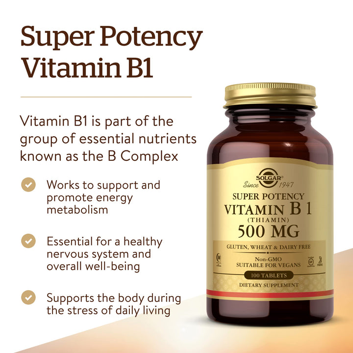 Solgar Vitamin B1 (Thiamin) 500 mg, 100 Tablets - Energy Metabolism, Healthy Nervous System, Overall Well-Being - Super Potency - Non-GMO, Vegan, Gluten Free, Dairy Free - 100 Servings