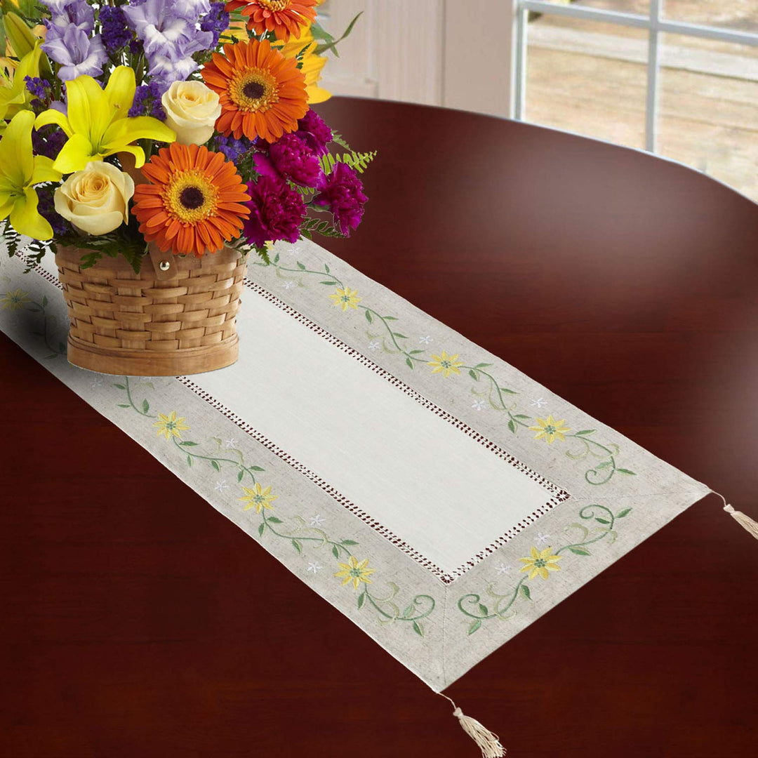 Small Short Hemstitched Spring Floral Table Runners with Four Tassels, Dresser Scarves (15x42 inch)