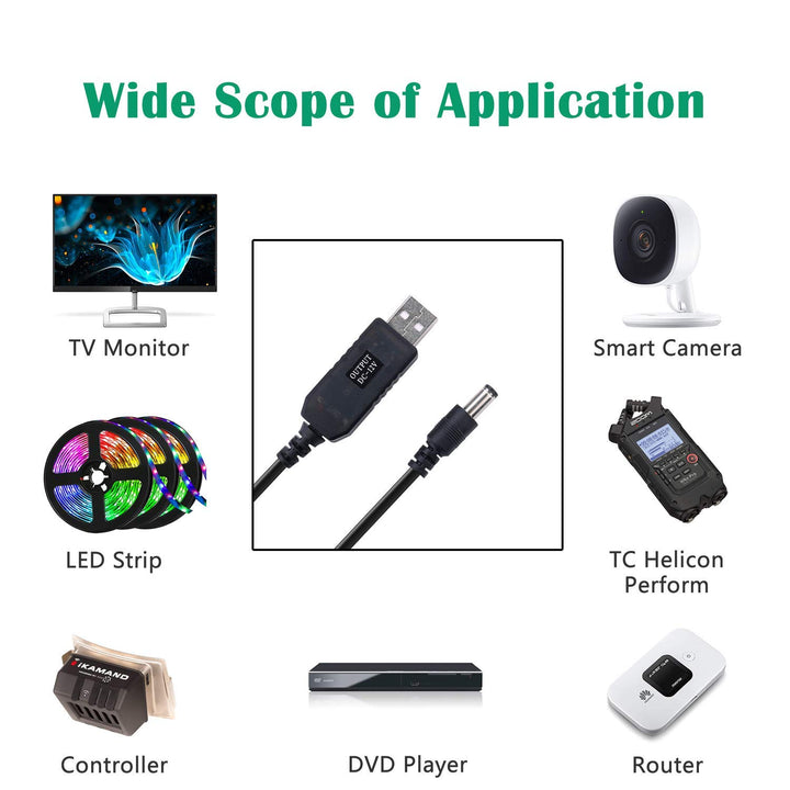 DC 5V to DC 12V USB Voltage Step Up Converter Cable Power Supply USB Cable with DC Jack 5.5 x 2.5mm or 5.5 x 2.1mm, USB 5V to DC 12V Cable 3ft