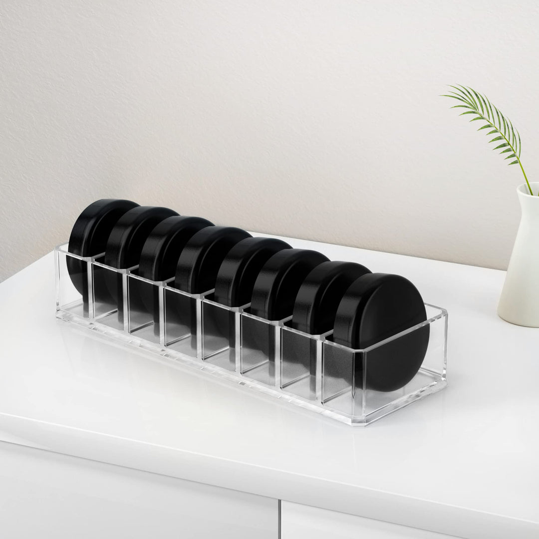Clear Acrylic Makeup Compact Organizer, 8 Spaces Vanity Organizer Stand Eyeshadow Pallet Storage for Lipstick Bronzer Powder Highlighter, Skincare Cosmetic Display Cases for Bathroom