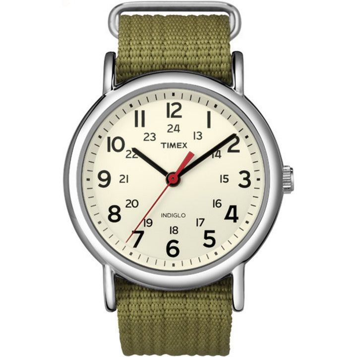 Unisex Weekender 38mm Watch – Silver-Tone Case Cream Dial with Olive Fabric Slip-Thru Strap