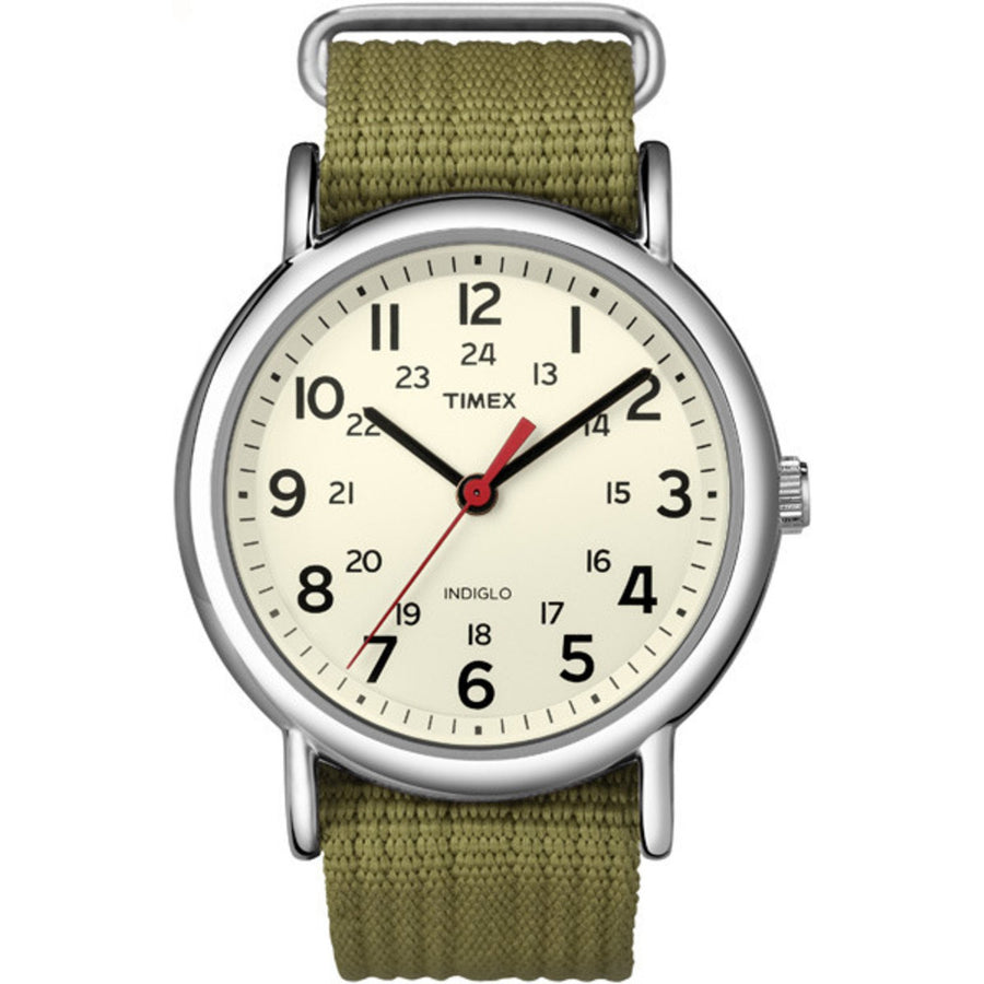 Unisex Weekender 38mm Watch – Silver-Tone Case Cream Dial with Olive Fabric Slip-Thru Strap