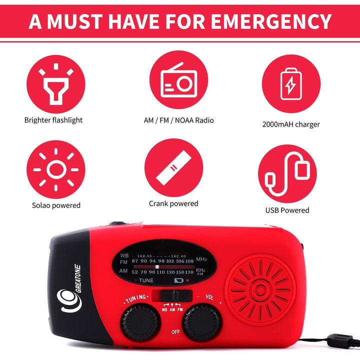 Weather Radio Emergency Hand Crank Self Powered AM/FM NOAA Solar Portable Camping Weather Radio with LED Flashlight,2000mah Portable Charge for Phone Survival Pack 071 (red)