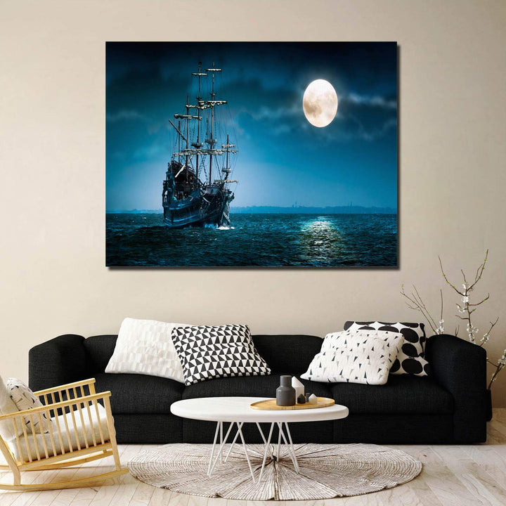 Canvas Wall Art - Night Ship Sea Navigation Moon Pictures - Modern Wall Decor Gallery Canvas Wraps Giclee Print Stretched and Framed Ready to Hang - 12 x 16