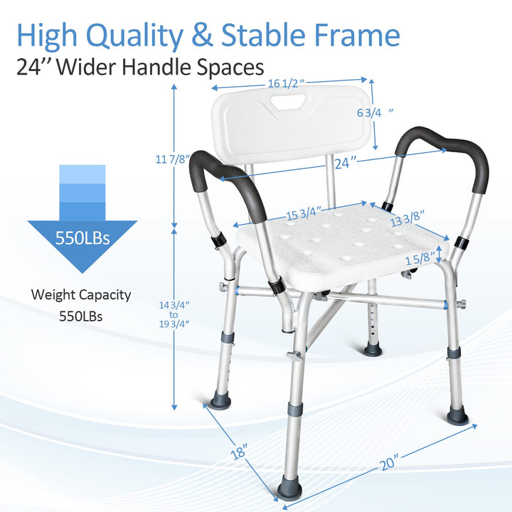 Shower Chair for Inside Shower, 550LBs Heavy Duty Bath Chair with Arms, Medical Shower Seat, Bath Stool Safety Shower Bench with Reinforced Crossing Bar for Elderly, Adults, Disabled