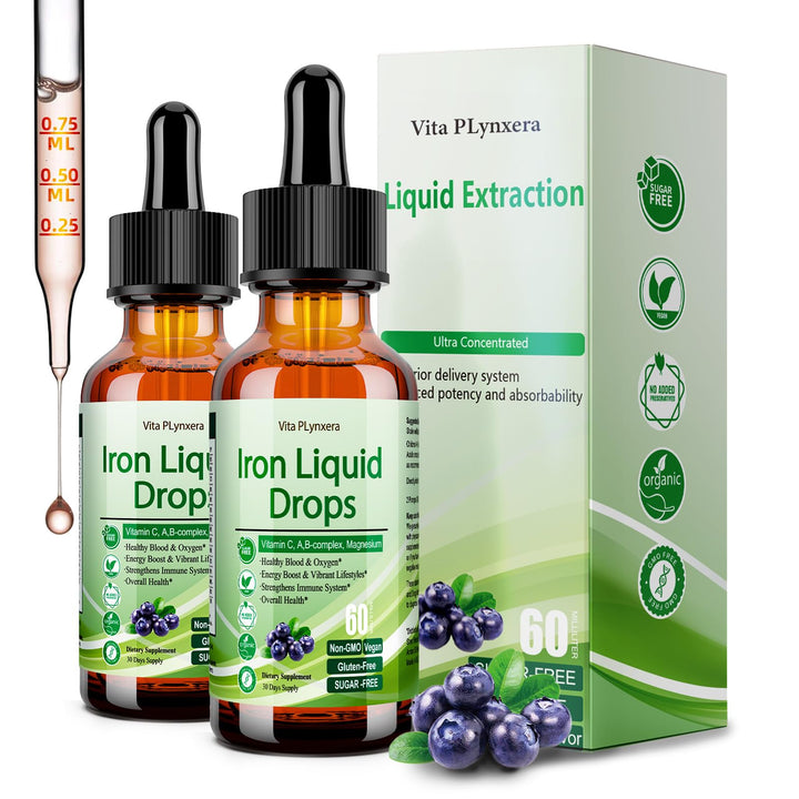 2 Pack Liquid Iron Supplement for Women Men &amp; Kids, Vegan Iron Drops with Vitamin C D, B12, B-Complex, High Potency Liquid with Multivitamin for Anemia, Energy Support, Magnesium Iron Gentle