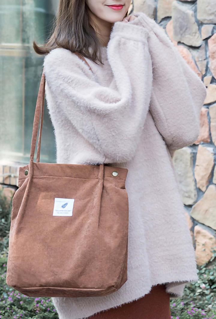 Corduroy Tote Bag for Women Girl Casual Work Canvas Shoulder Handbags Cute Purse Brown