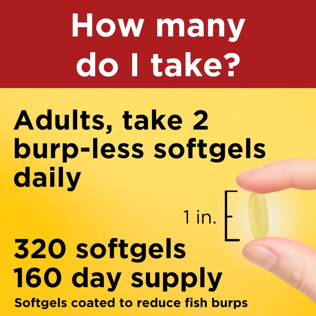 Burp Less Fish Oil 1000 mg Softgels, Fish Oil Supplements, Omega 3 Fish Oil for Healthy Heart Support, Omega 3 Supplement with 320 Softgels, 160 Day Supply