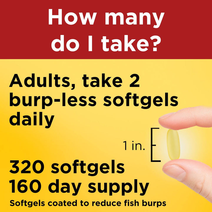 Burp Less Fish Oil 1000 mg Softgels, Fish Oil Supplements, Omega 3 Fish Oil for Healthy Heart Support, Omega 3 Supplement with 320 Softgels, 160 Day Supply