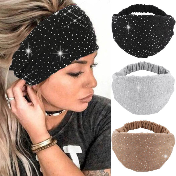 Crystal Wide Headbands Rhinestone Head Bands Black Turban Headband Elastic African Head Wraps Sport Hair Bands for Women and Girls Pack of 3 (set 2)