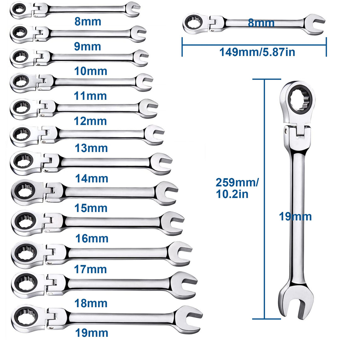 12pcs Flex Head Ratcheting Wrench Set- 8-19mm Metric Ratchet Combination Wrenches CrV Gear Spanner Set