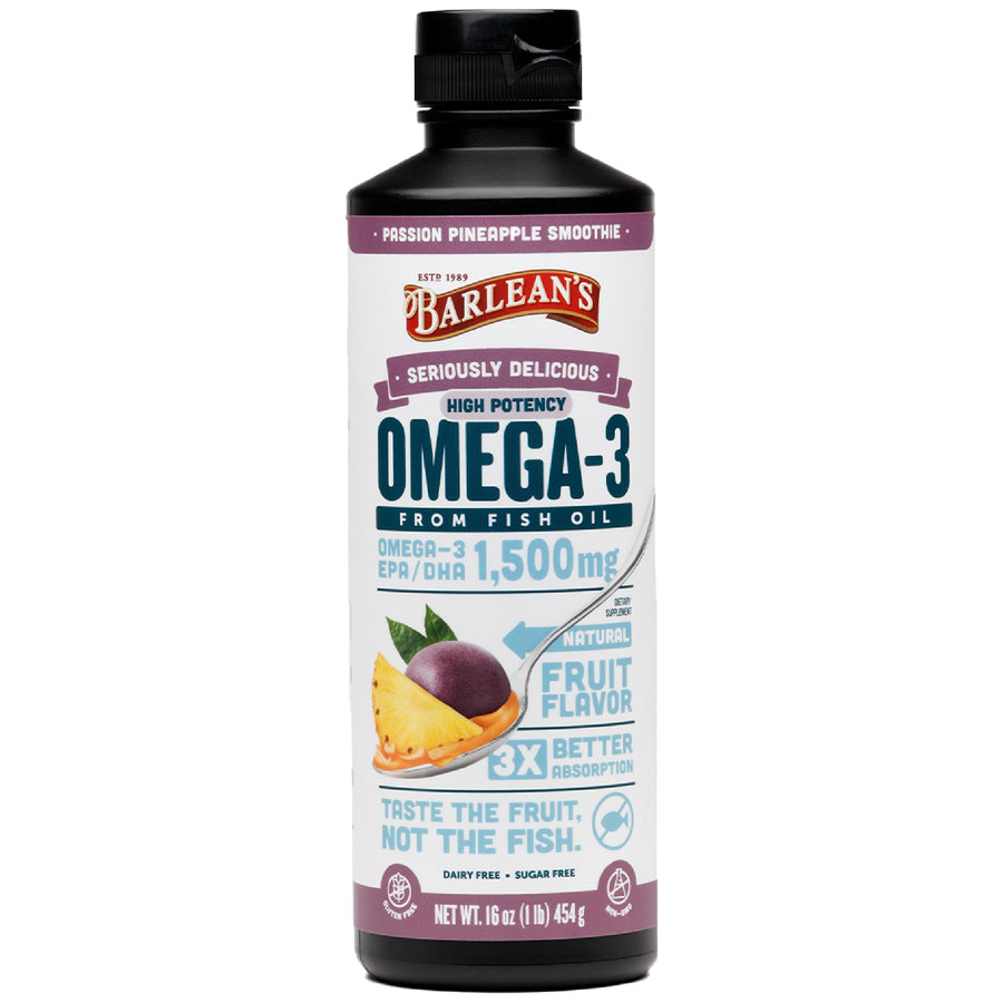 Passion Pineapple High Potency Omega 3 Fish Oil Liquid Supplement, 1500mg EPA & DHA Fatty Acid, Smoothie Flavored & Burpless for Brain, Joint, & Heart Health, 16 oz