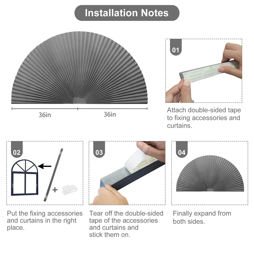 Arch Window Pleated Blinds Easy Cut and Install Pleated Shades Fliterling Linght and Blackout Blinds Grey