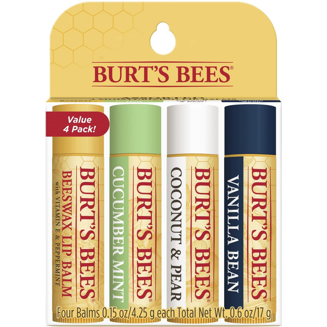 Burt&#39;s Bees 100% Natural Moisturizing Lip Balm, Multipack - Original Beeswax, Cucumber Mint, Coconut &amp; Pear and Vanilla Bean with Beeswax &amp; Fruit Extracts - 4 Tubes