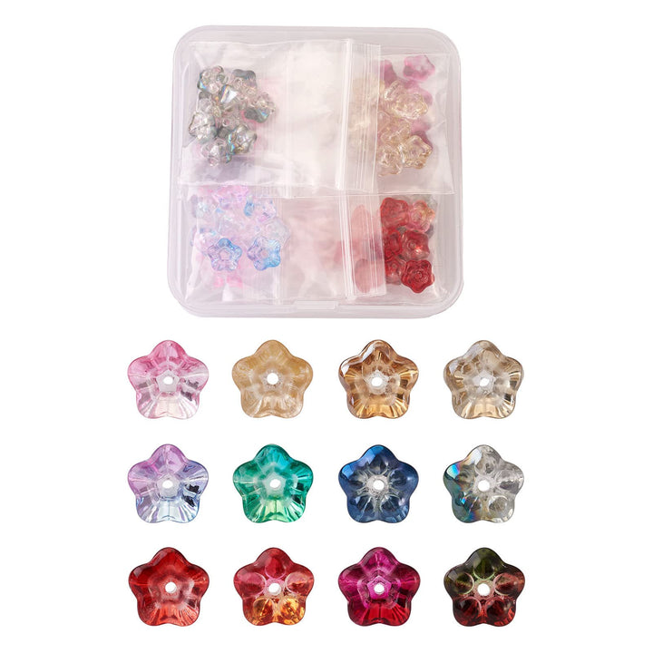 Pandahall 130Pcs Electroplate Glass Trumpet Flower Beads 8.5x8x5.5mm Colorful Mini Transparent Trumpet Floral Glass Spacer Beads for Jewelry Craft Making