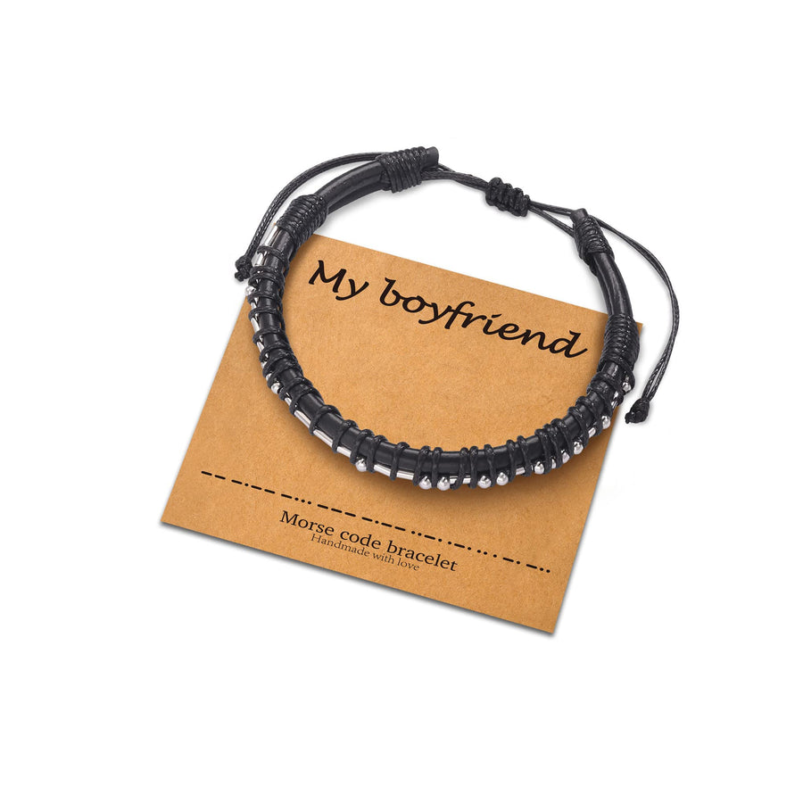 Bracelets for Mens Gifts, Black Leather Bracelets for Men Gifts Morse Code My Boyfriend Bracelet Gifts for Him Mens Wrist Bracelets Gifts for Mens Jewelry Male Unique Gifts for Boyfriend