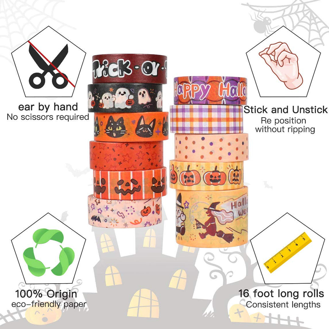 Halloween Washi Tape - Holiday Washi Tape Set with Cat, Pumpkin, Ghost, Witch, Perfect for Bullet Journal, DIY Crafts, Planner, Scrapbook, Gift Packaging