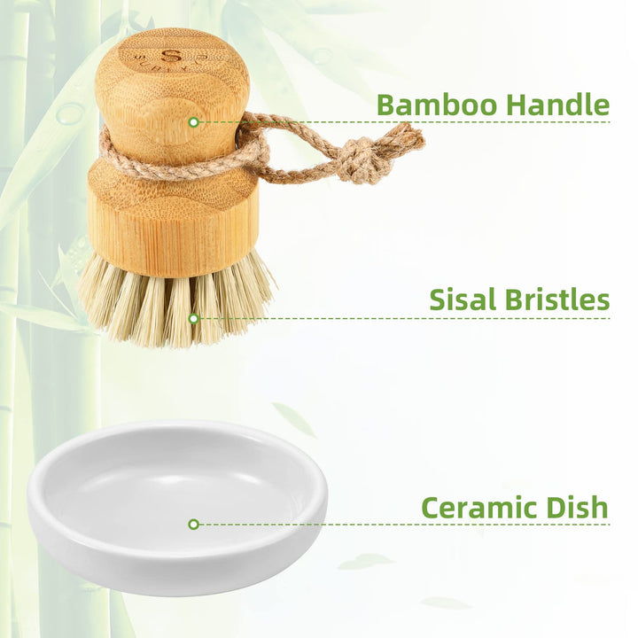 Bamboo Dish Scrub Brush for Kitchen Sink, Natural Wooden Washing Dish Brush Scrubber, Sisal Bristles Brush for Household Cleaning Cast Iron Brush Pots, Pans and Vegetables