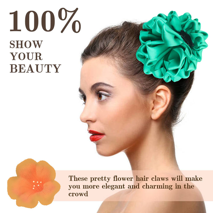 4 Pack Blue Black Burgundy Red Green Butterfly Octopus Korean Ribbon Silk Chiffon Large Rose Flower Bows Plastic Hair Claw Clips Jaw Barrettes Grips Clamps Decorative Bun Chignon Accessories for Women