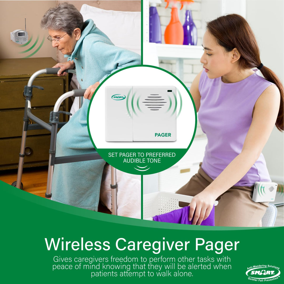 Smart Caregiver Wireless Motion Sensor Alarm System with Pager for Fall and Wandering Prevention | Mountable Motion Detector Alarm Alerts Medical Caregiver with Up to 300&#39; Range | Bed or Door Movement