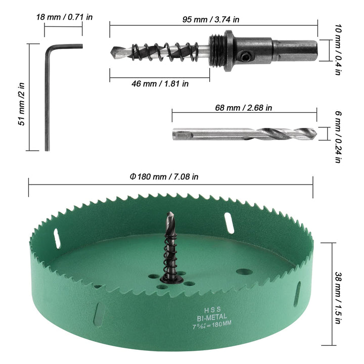 7 Inch Hole Saw for Woodworking, 180mm Cutting Depth Upgraded HSS Bi-Metal Heavy Duty Hole Cutter for Fast Cutting Wood Metal Plastic Materials