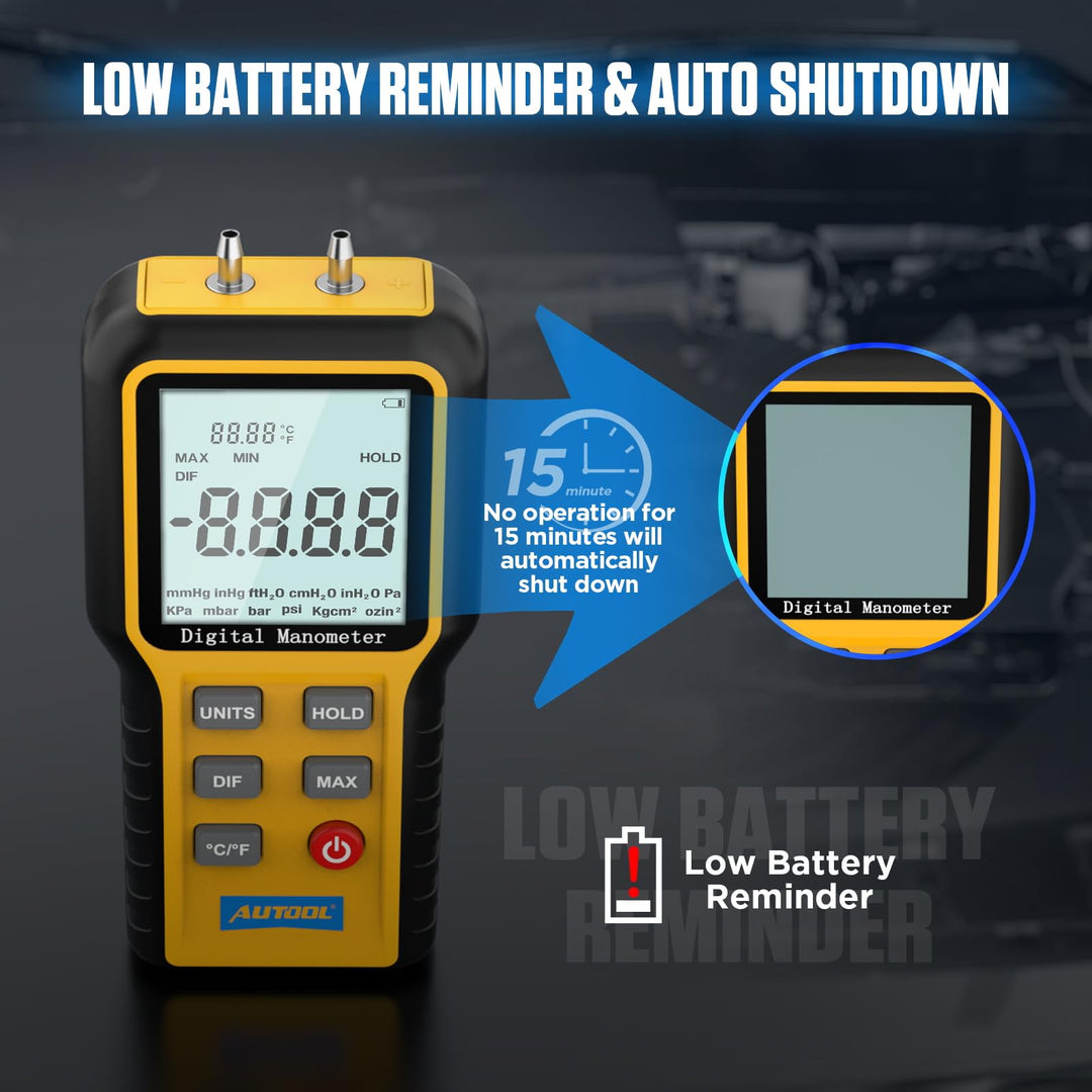 Digital Manometer, Dual-Port Manometer Gas Pressure Tester, Handheld HVAC Manometer, 12 Selectable Units Differential Pressure Gauge, Large LCD Display with Backlight