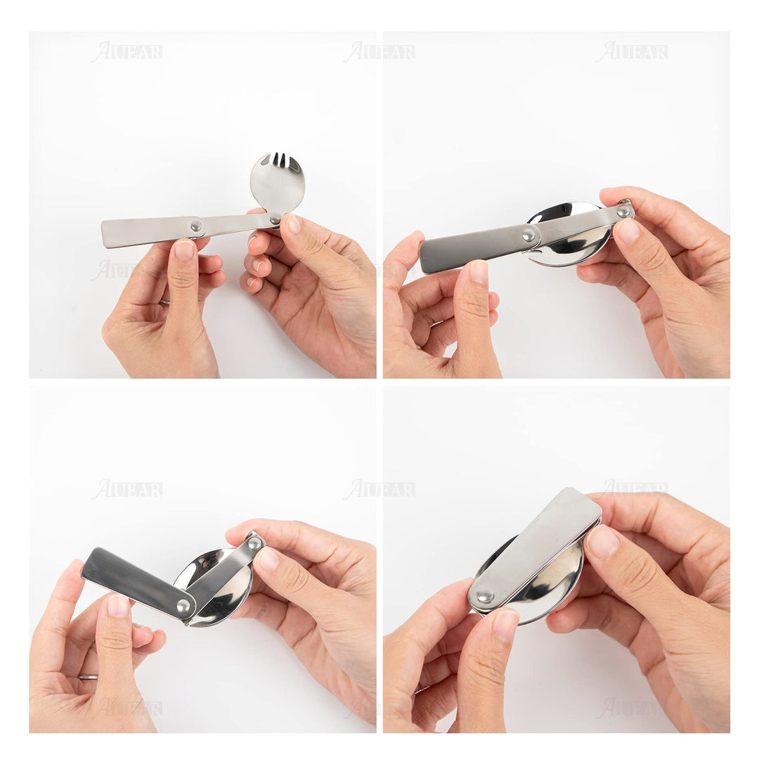 AUEAR, 3 Pack Foldable Muti-Function Stainless Steel Spork Flatware Cutlery Spoon Fork with Carrying Case Travel and Other Outdoor Activities