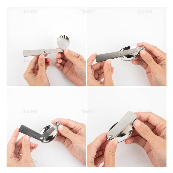 AUEAR, 3 Pack Foldable Muti-Function Stainless Steel Spork Flatware Cutlery Spoon Fork with Carrying Case Travel and Other Outdoor Activities