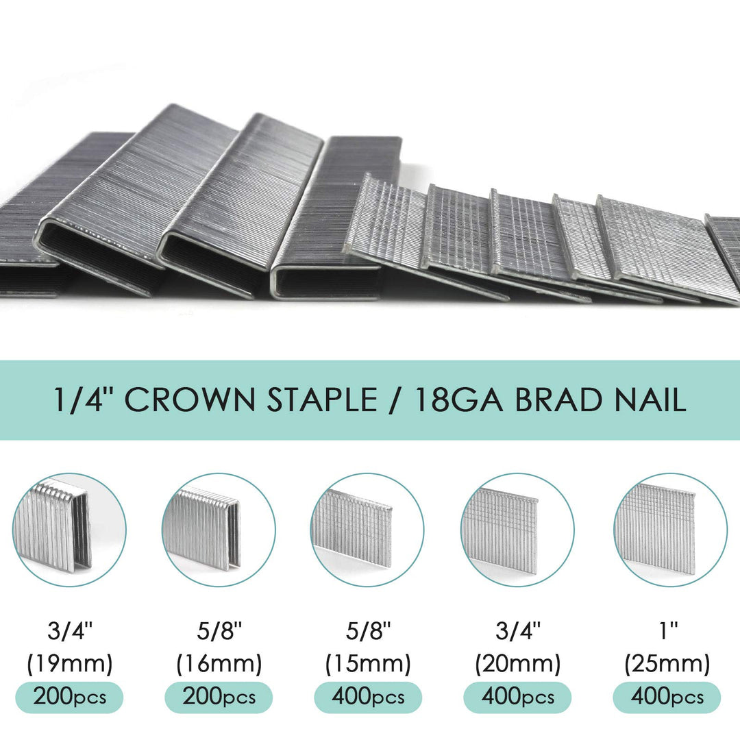 Heavy Duty 1/4 Narrow Crown Staples and 18GA Brad Nails Combo Kit for NTC0040,NTC0023, 1600-Count