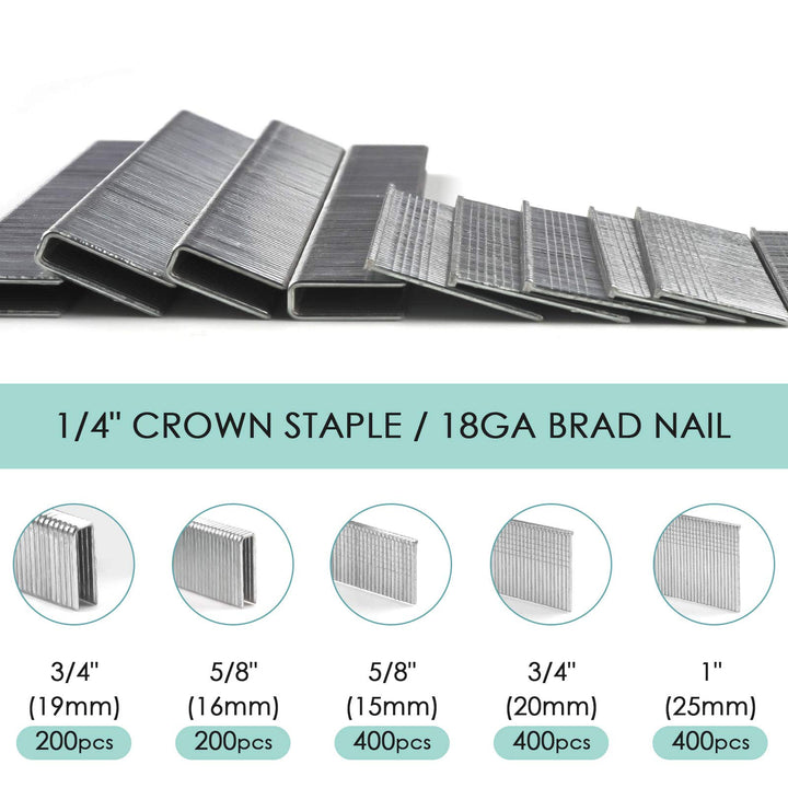 Heavy Duty 1/4 Narrow Crown Staples and 18GA Brad Nails Combo Kit for NTC0040,NTC0023, 1600-Count