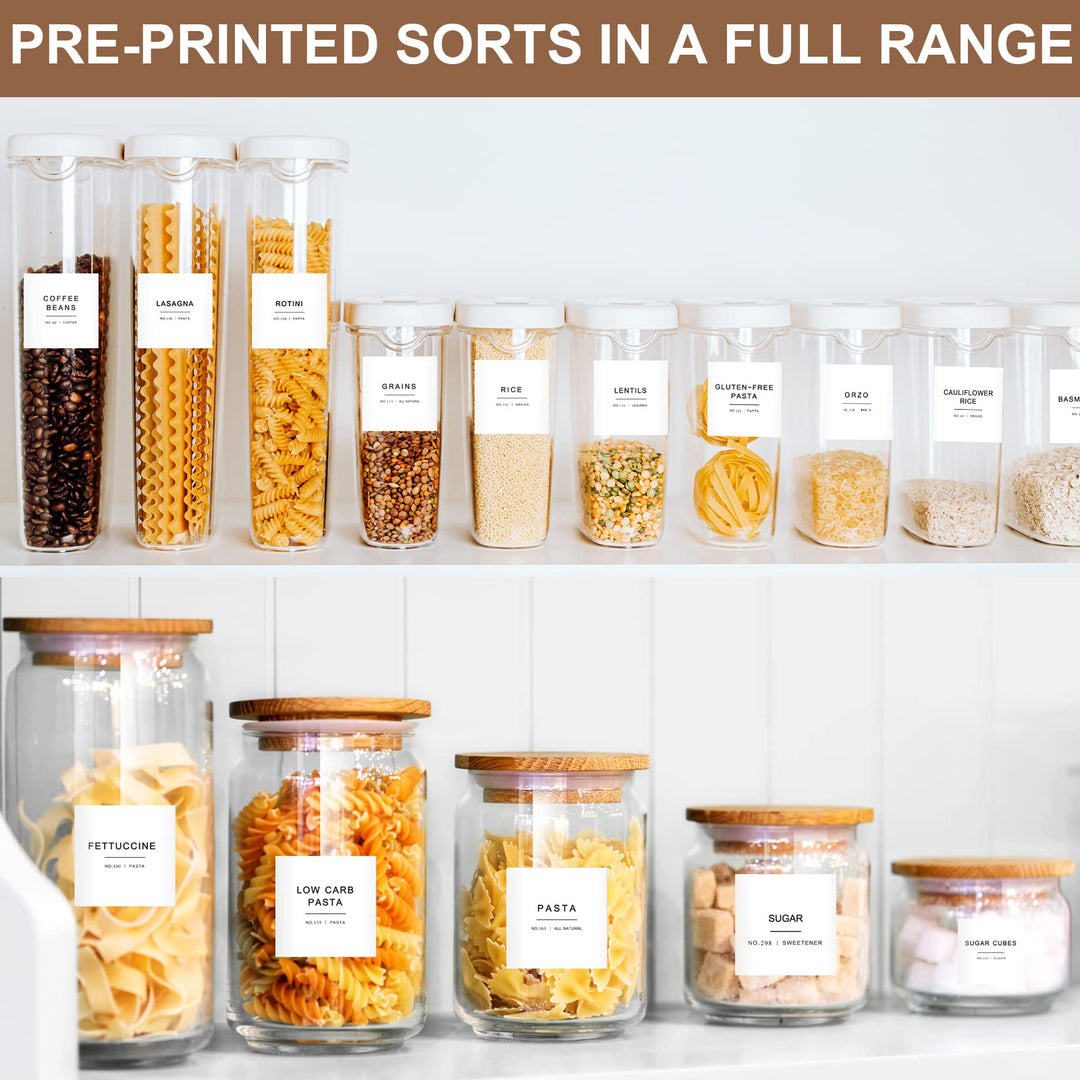 308 Kitchen Pantry Labels for Food Containers, 3 Sizes White Minimalist Organizing, Jars, Storage Bins, Preprinted Waterproof Containers