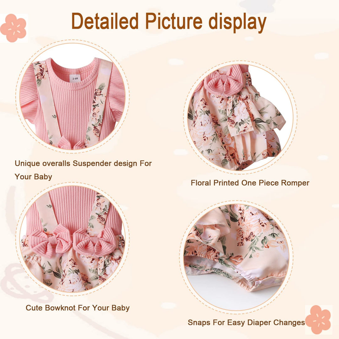 Newborn Baby Girl Clothes Summer Infant Romper Outfit Short Sleeve Suspender Ribbed Shorts Clothing with Headband 0-3 Months