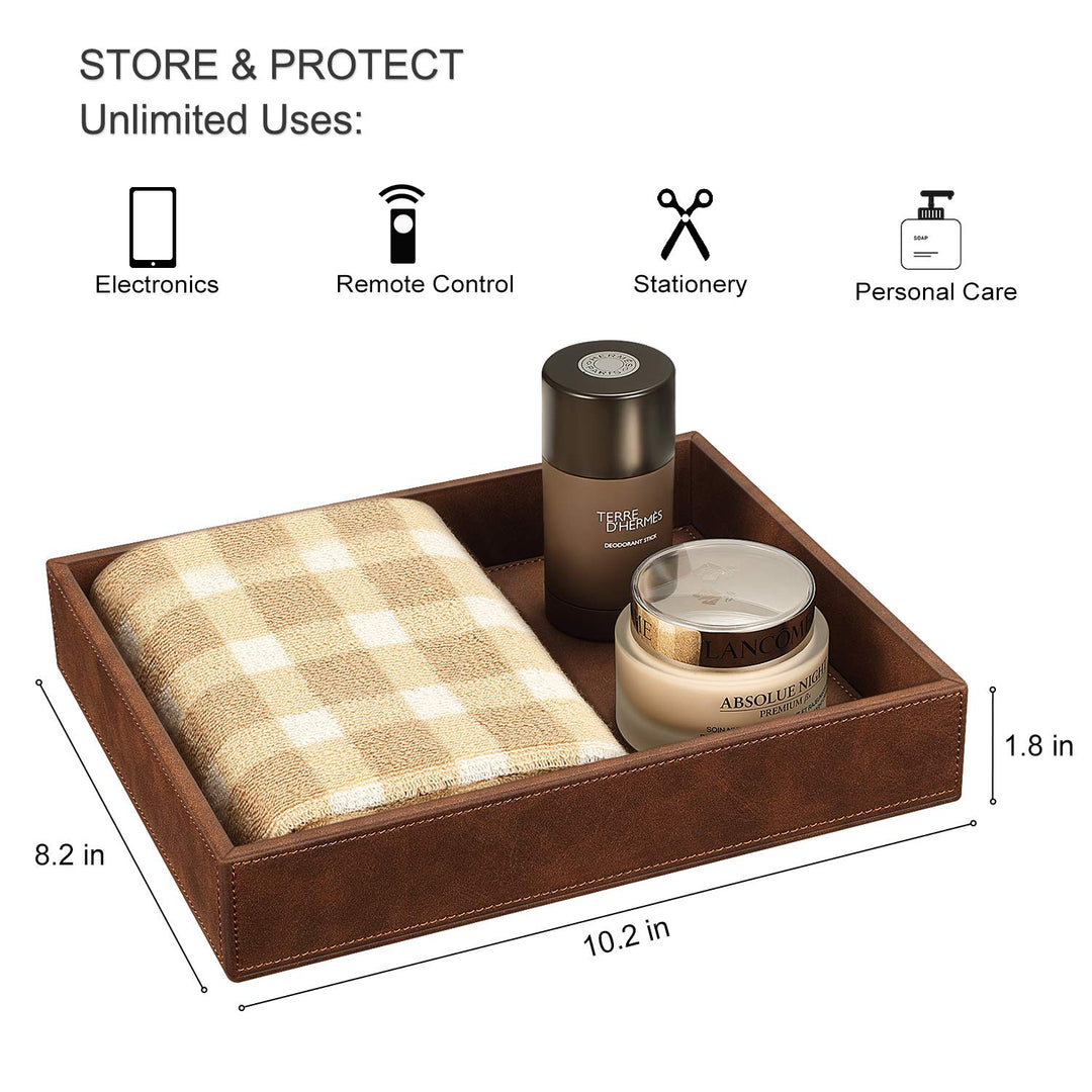 Valet Tray Desk Organizer, PU Leather Catchall Tray Bedside Vanity Tray Nightstand Caddy Coin Box Key Jewelry Storage Organizer, Brown