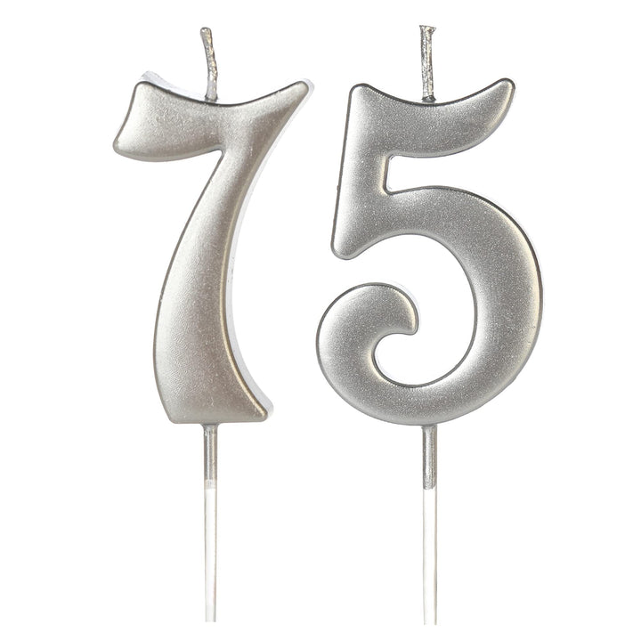 75th &amp; 57th Number Birthday Candles for Cake Topper, Number 75 57 Glitter Premium Candle Party Anniversary Celebration Decoration for Kids Women or Men, Silver