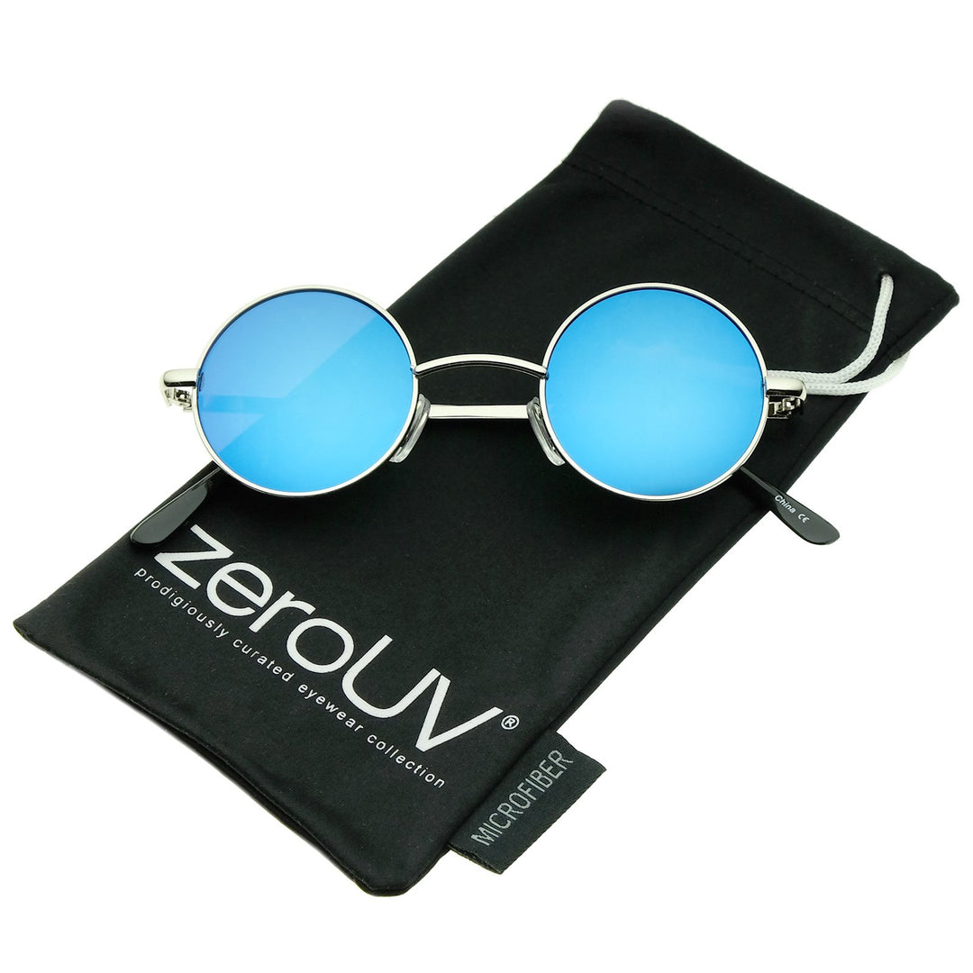 Small Retro Lennon Style Colored Mirror Lens Round Metal Sunglasses 41mm (Silver/Blue Mirror)